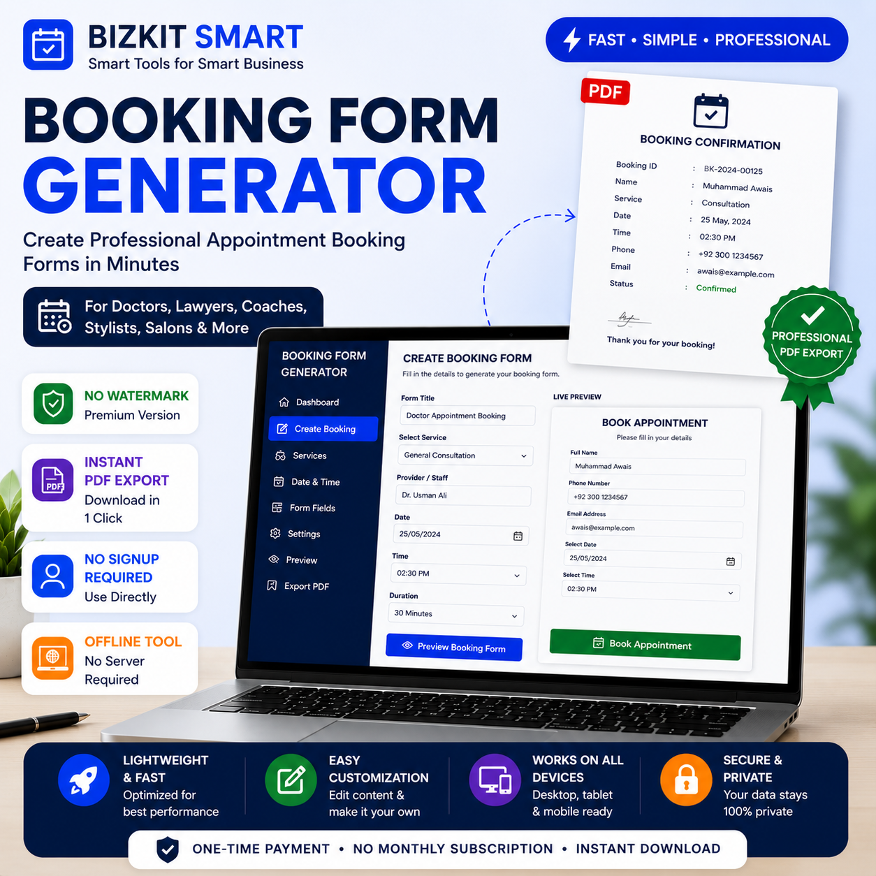 Create professional booking forms instantly with this offline HTML tool. No watermark in premium version with instant PDF export.