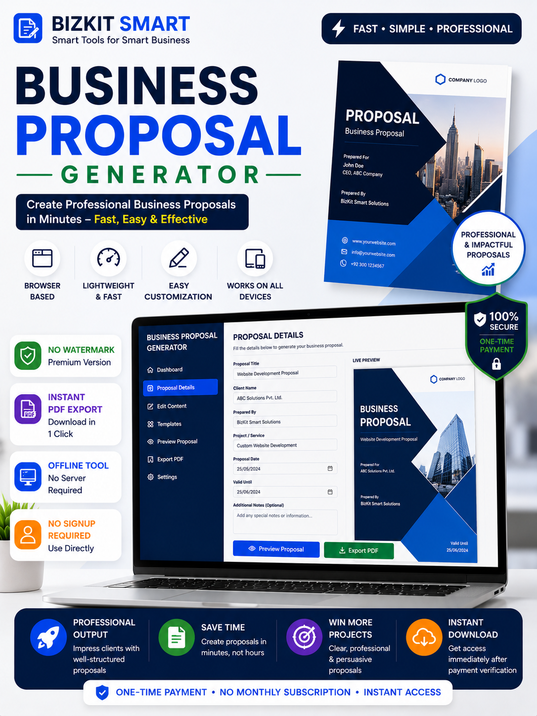 Create stunning business proposals in minutes. Free online proposal generator with 5 templates, PDF download, and live preview. No signup needed – BizKitSmart.