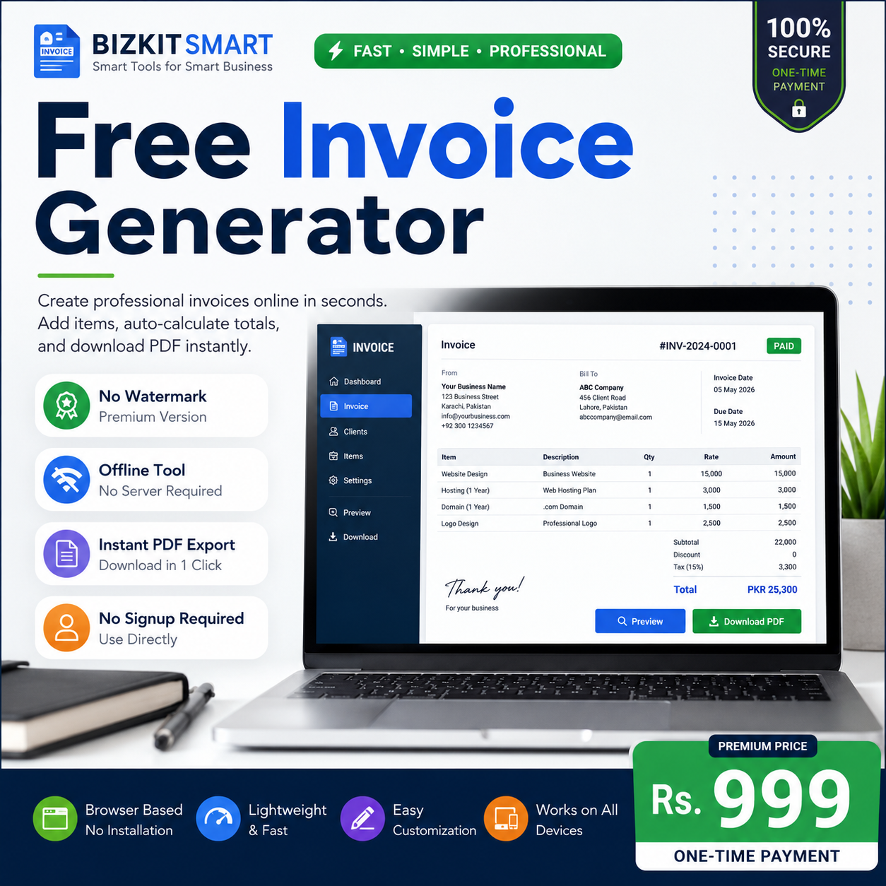 Create invoices instantly with this offline HTML invoice generator. No watermark in premium version. Instant download. No signup required.