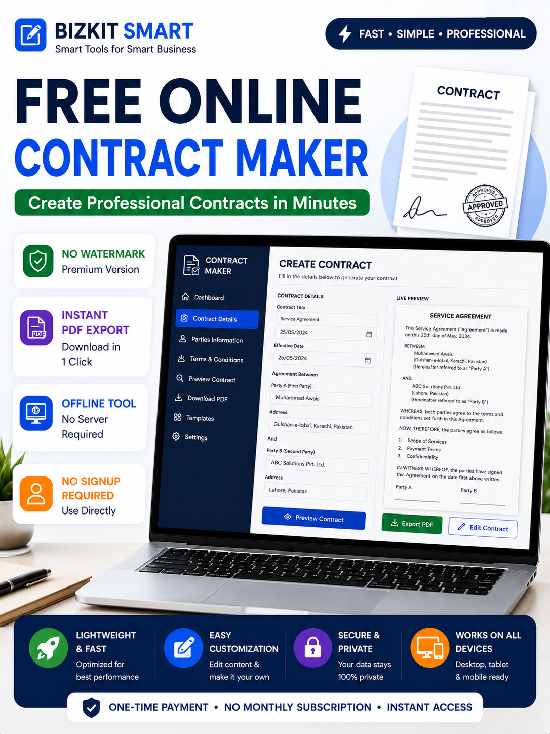Free Online Contract Maker For freelancers, small businesses, and consultants — BizKitSmart’s free Contract Generator creates professional, legally structured contracts in minutes.