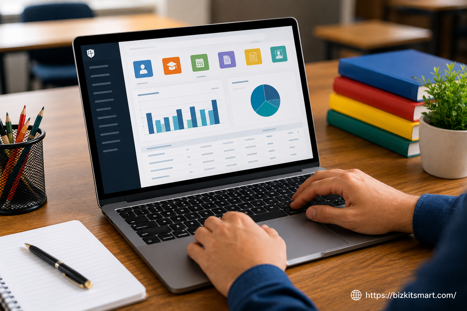 Manage students, generate report cards, fee slips, timetables & notices free. Pakistan's #1 browser-based school tool. No install needed. BizKitSmart.com