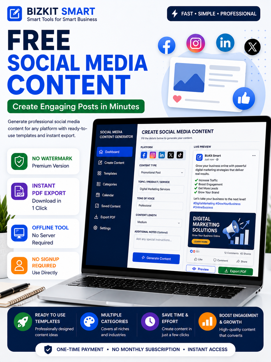 Plan your entire social media strategy with this free online content planner. Schedule posts, set goals, track metrics & download your plan as PDF. No signup needed.