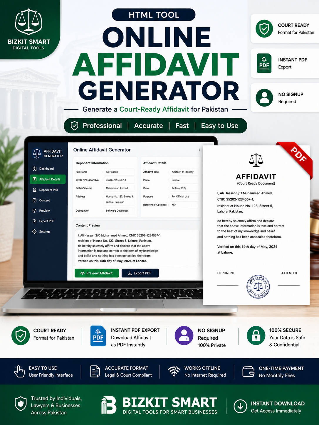 Generate a court-ready affidavit for Pakistan in minutes. Free affidavit maker with PDF download — works on mobile and desktop. Powered by BizKitSmart