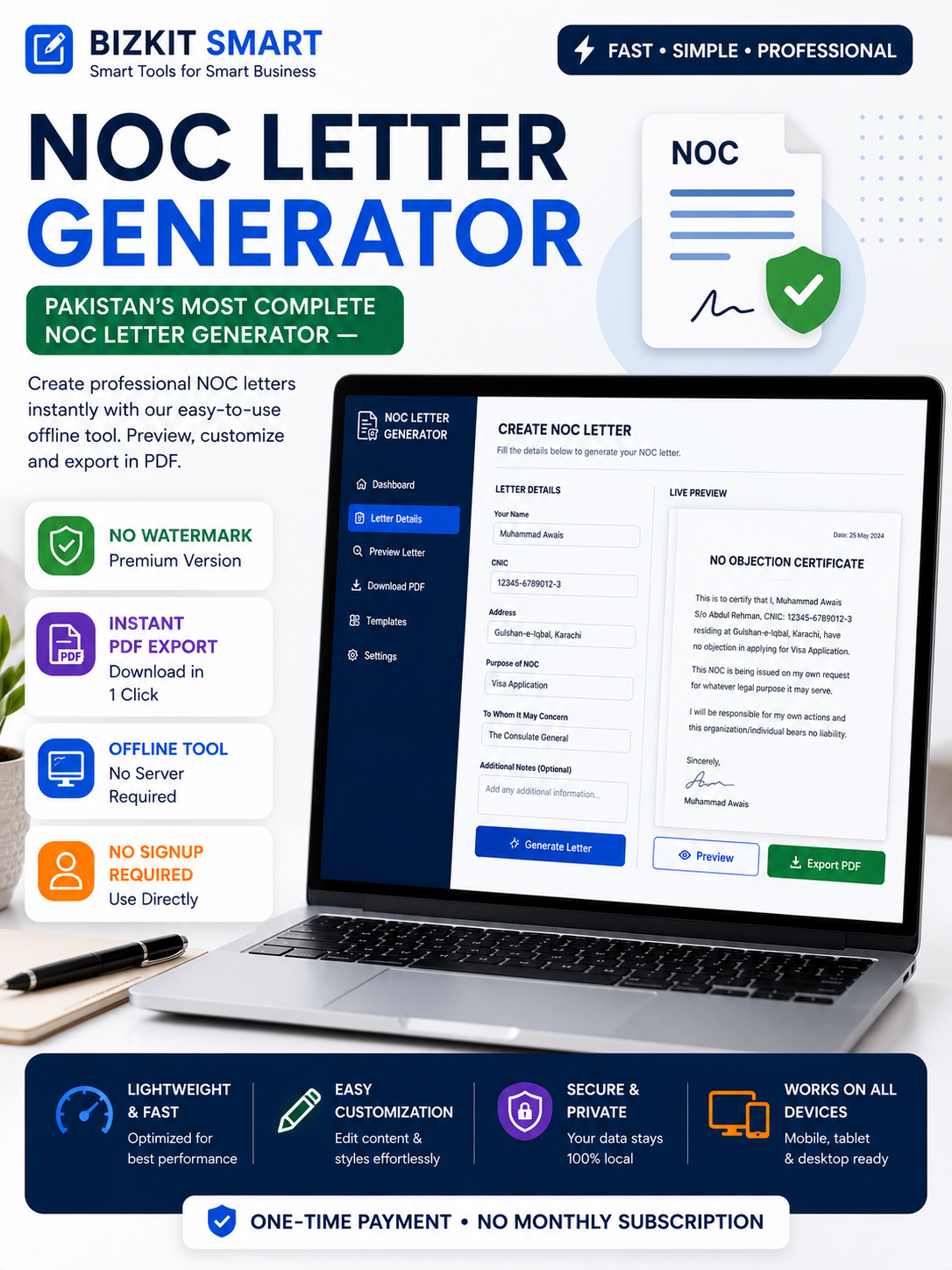 NOC Letter Generator Pakistan’s most complete NOC letter generator — covering all 12 types used in government, corporate, and legal settings. Fill your details, pick a template, and download a professional PDF in.