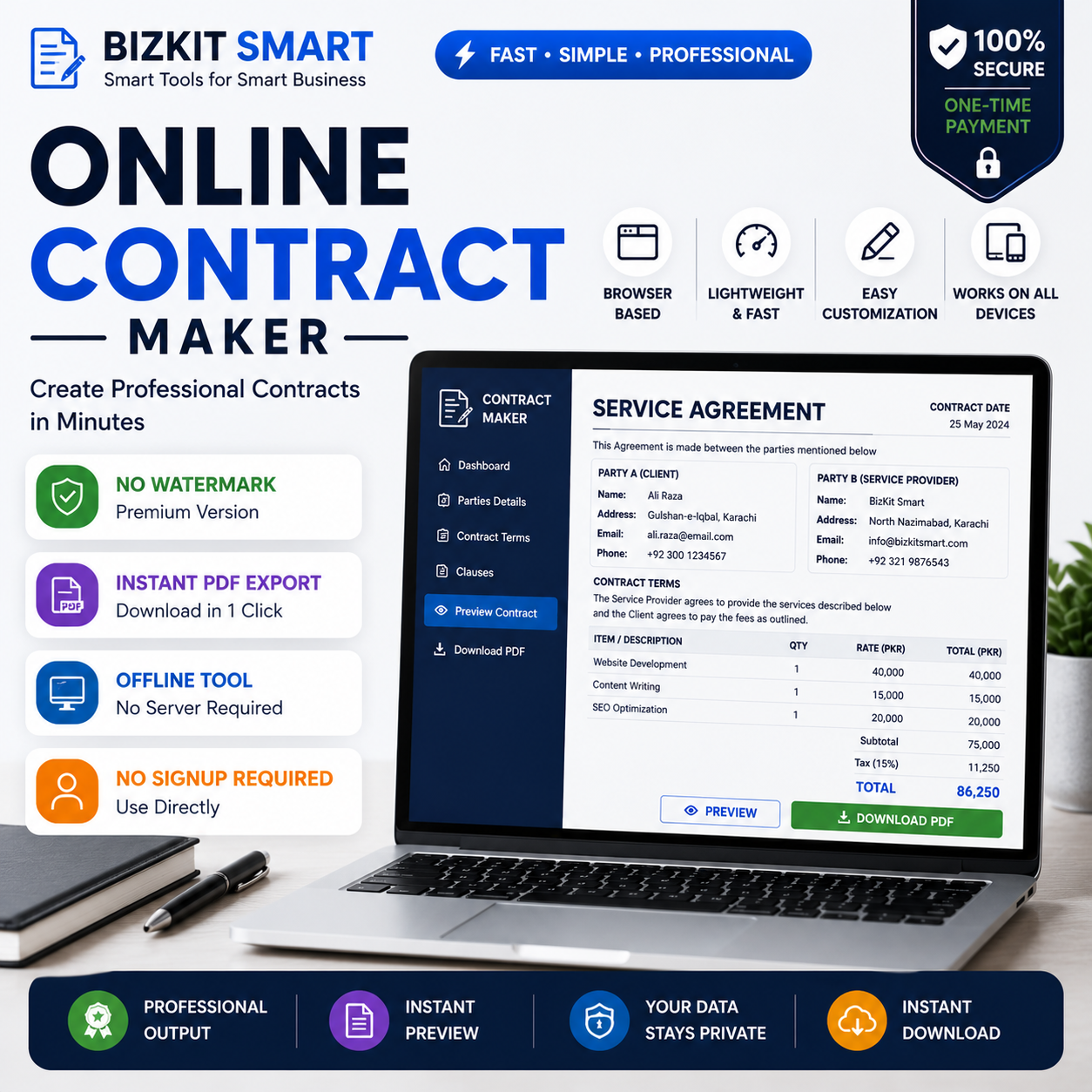 Create professional contracts instantly with this offline HTML tool. No watermark in premium version. Instant download included.