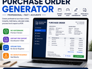 purchase order generator, purchase order html tool, PO generator pakistan, business purchase order maker, pdf purchase order tool, supplier order generator, offline purchase order generator, no watermark PO tool, procurement document generator, business documentation tool, purchase order creator, professional PO generator