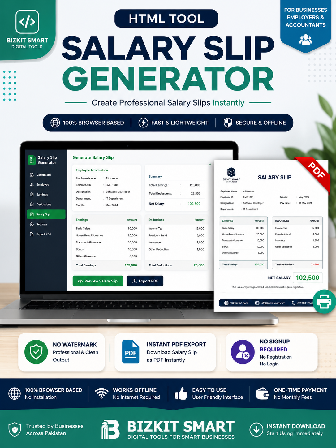 Pakistan Salary Slip Generator Generate professional salary slips for Pakistan businesses in seconds. Free online tool with 3 templates, PDF download, CNIC & NTN fields. No signup needed.