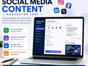 Create engaging social media captions, post ideas, and marketing content instantly with our Social Media Content Generator HTML Tool. Designed for creators, businesses, agencies, and marketers who want fast and professional content generation. This lightweight browser-based tool works completely offline with no server, no API, and no signup required. Easily generate content, preview instantly, and use it for Facebook, Instagram, LinkedIn, and other platforms. ✔ Fully browser-based tool ✔ No server or API required ✔ Works offline ✔ Instant content generation ✔ Easy customization ✔ Lightweight & fast ✔ One-time payment ✔ No monthly subscription