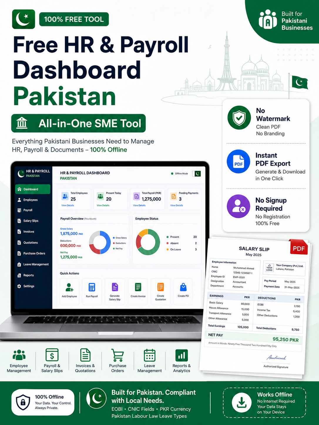 Manage employees, payroll, salary slips, invoices and more with the HR Payroll Dashboard Pakistan. Free offline tool for Pakistani businesses.