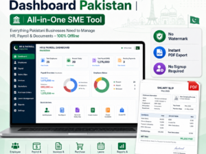 Manage employees, payroll, salary slips, invoices and more with the HR Payroll Dashboard Pakistan. Free offline tool for Pakistani businesses.