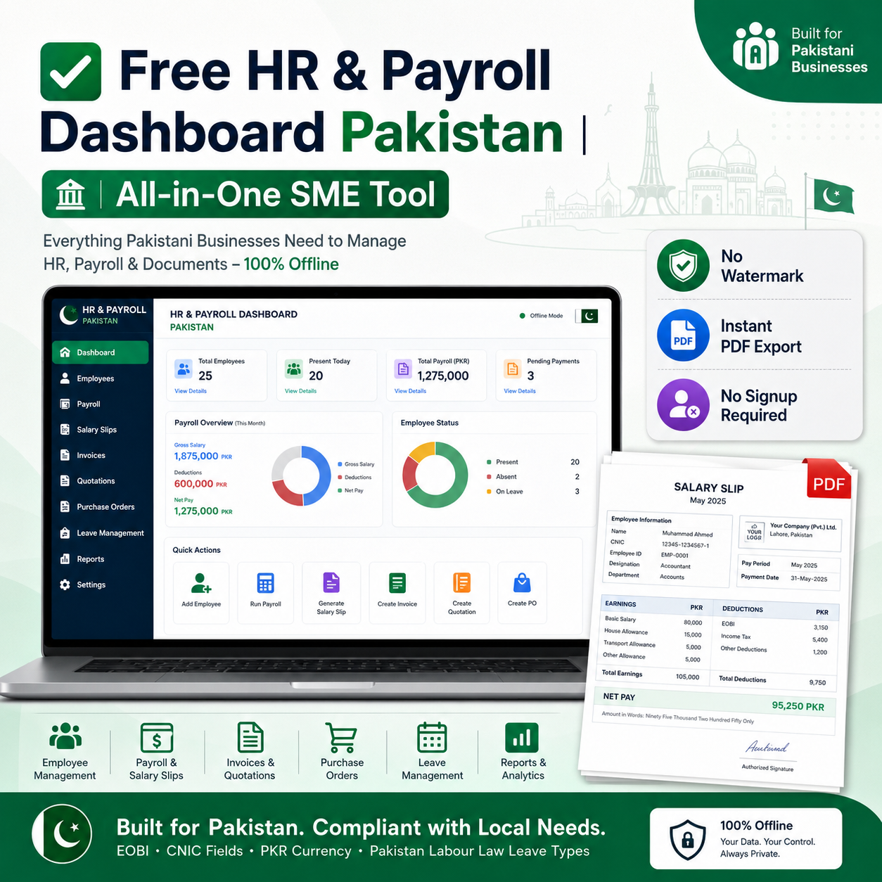 Manage employees, payroll, salary slips, invoices and more with the HR Payroll Dashboard Pakistan. Free offline tool for Pakistani businesses.