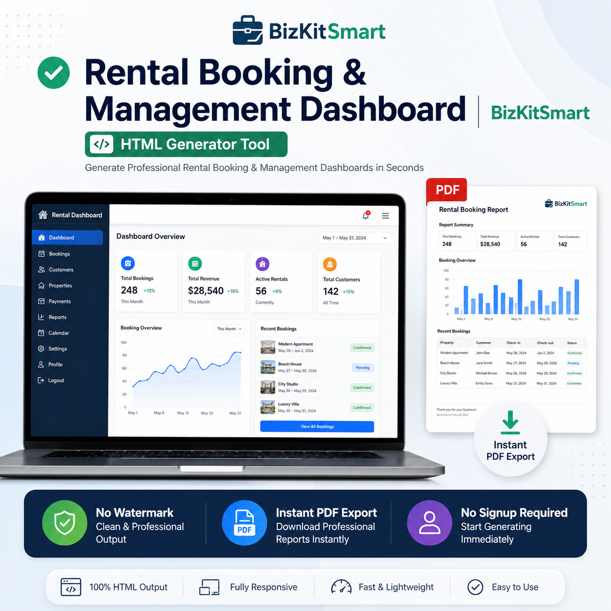 Manage rentals of any kind — cars, property, equipment & venues — from one free dashboard. Generate PDF agreements, track payments & view bookings. No signup. Works offline.