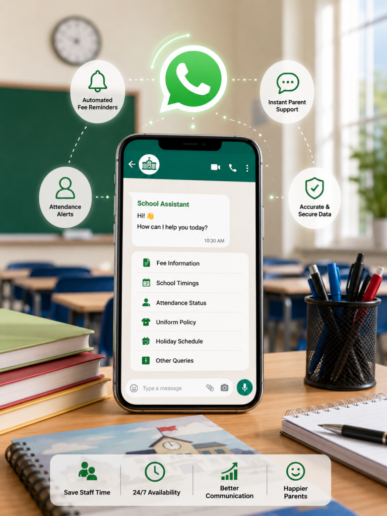 Automate fee reminders and parent communication with our School WhatsApp Assistant Pakistan. Save office time and book your free demo today.
